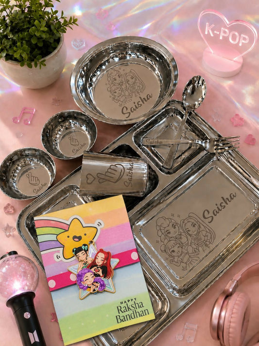 Personalized Stainless Steel Thali Set with custom name engraving, premium food-grade stainless steel, durable rust-resistant finish, and matching dining essentials for everyday meals and thoughtful gifting.