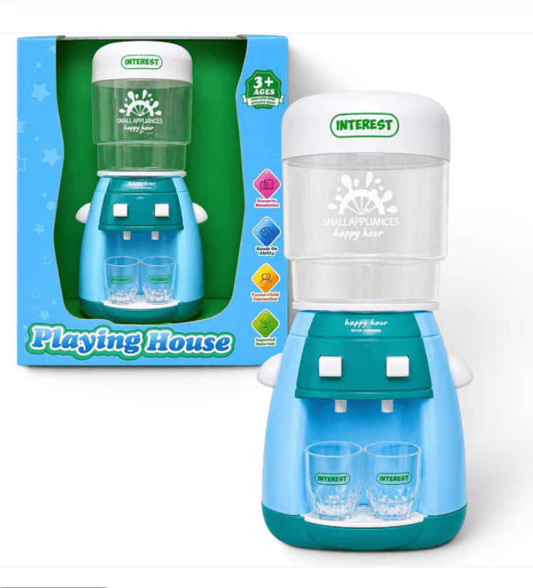 iLearnNGrow Pretend Play Water Dispenser Toy for kids 3+ years featuring light and sound effects, realistic water cooler design, dispensing function, and cups for engaging kitchen and home role play.