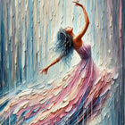 Artistic depiction of a woman in a flowing dress against a textured wall bedsheet.