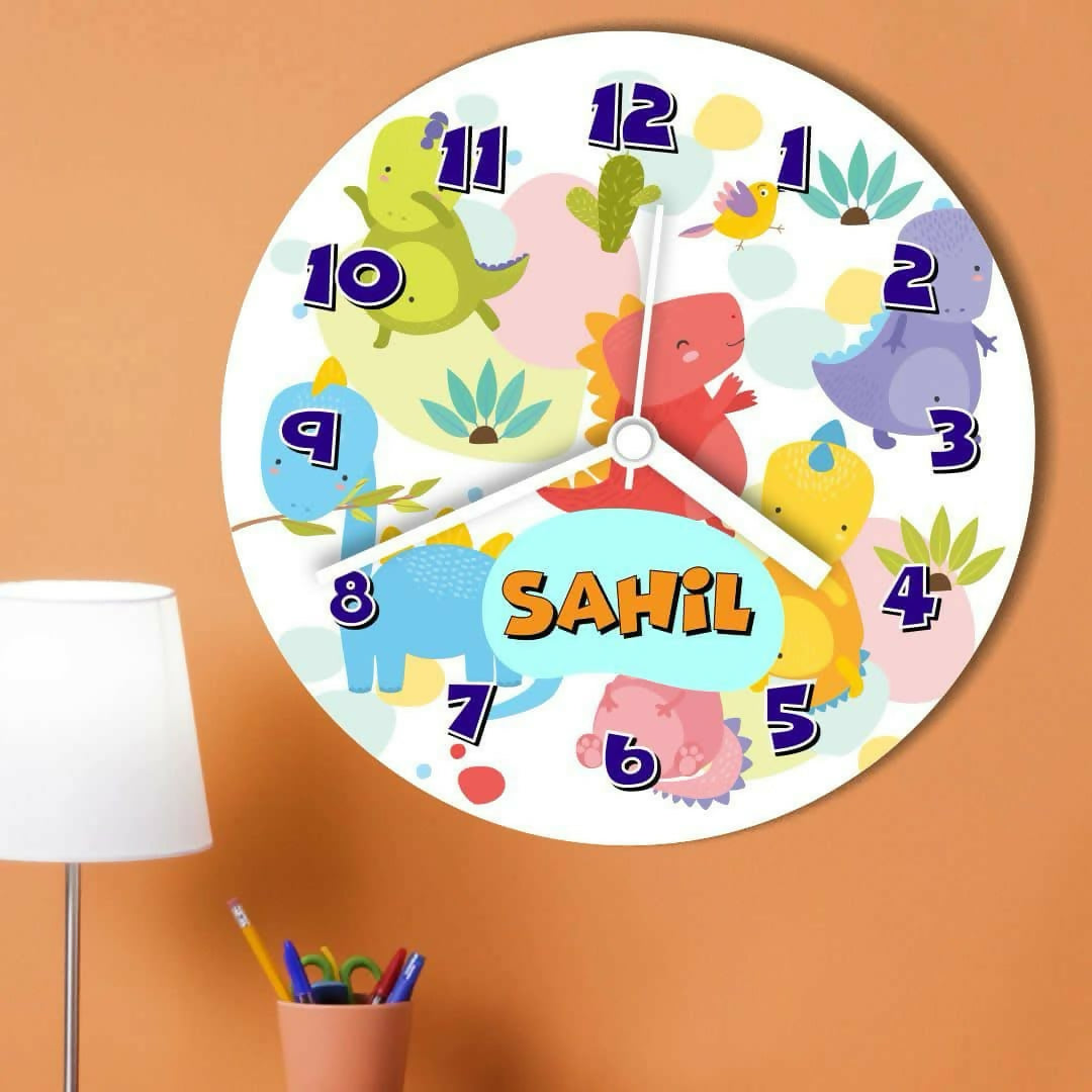 Children's wall clock with colorful dinosaur design 