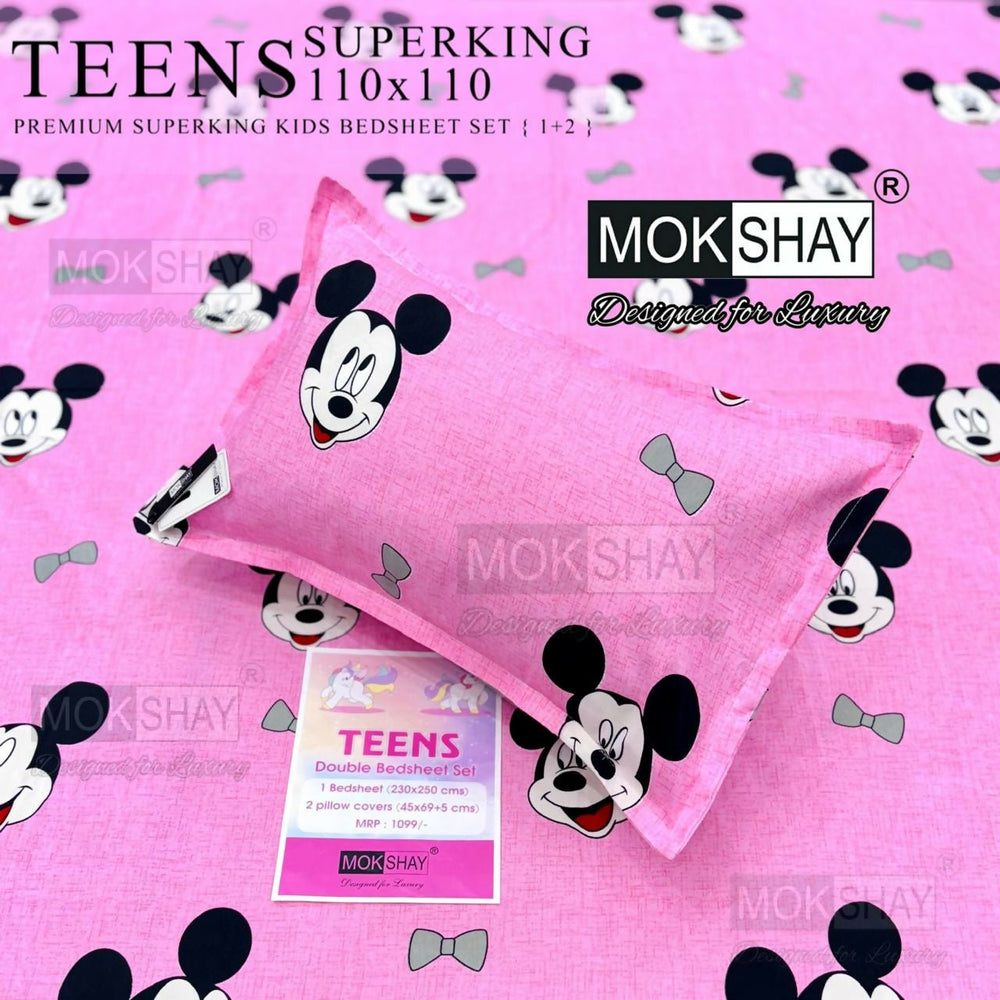 Pink kids' bedsheets with Mickey Mouse design and Mokshay branding.