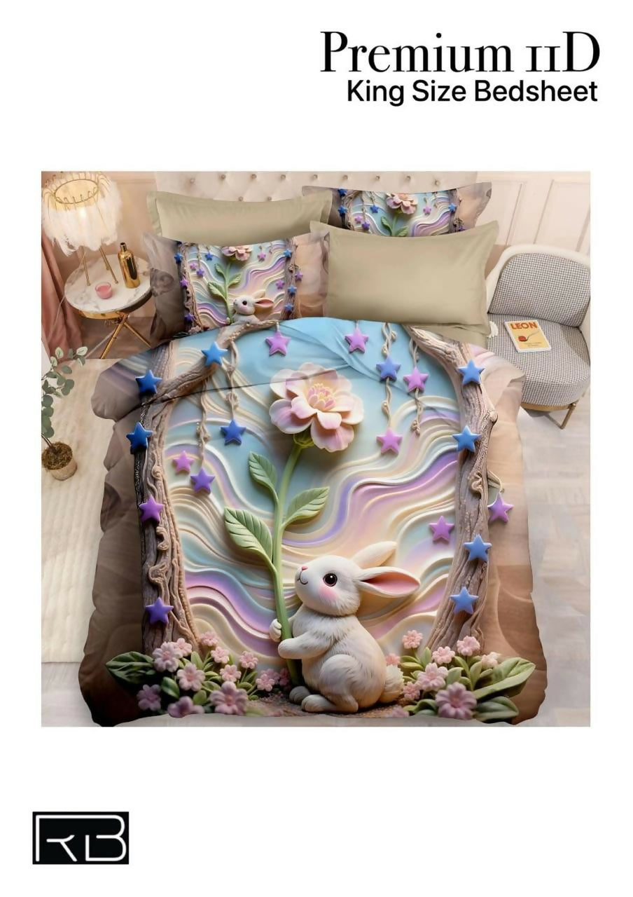 3D printed bedding set with rabbit and floral design on a bed
