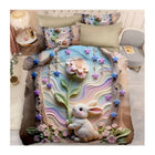3D printed bedding set with rabbit and floral design on a bed