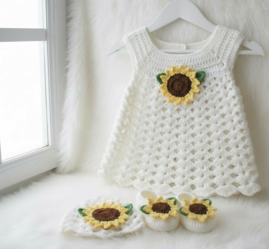 Crochet Frock / Dress with Cute Beanie & Shoes