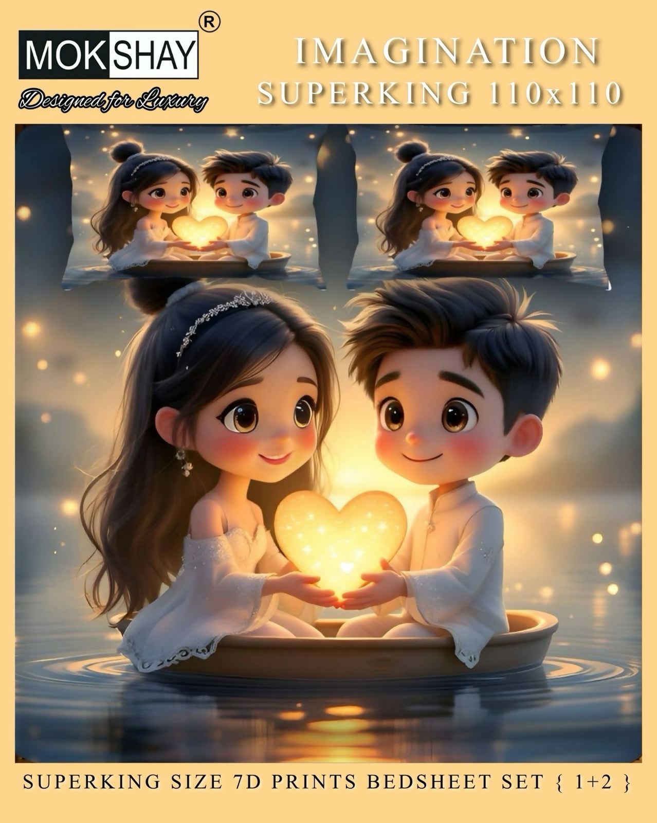 Illustration of a couple holding a heart-shaped light, surrounded by Mokshay branding.
