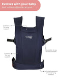 Navy baby carrier with features highlighted on a white background