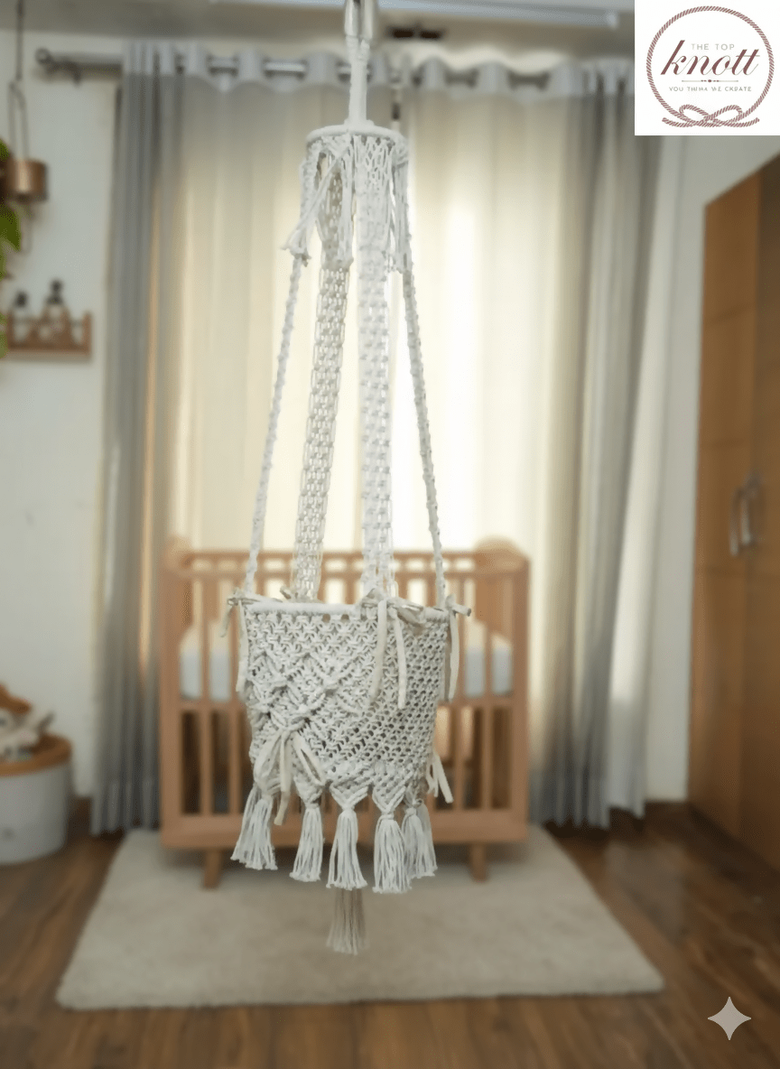Elegant Ivory Macrame Baby Swing – Handcrafted Boho Hanging Chair
