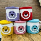 Five colorful woven bear-shaped baskets 