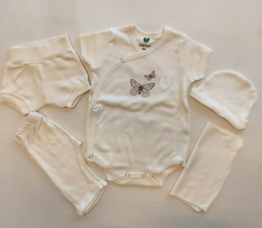Shop Newborn Baby Clothing Set – Complete cotton essentials with cap, mittens, booties & more, perfect for baby showers and daily use.

