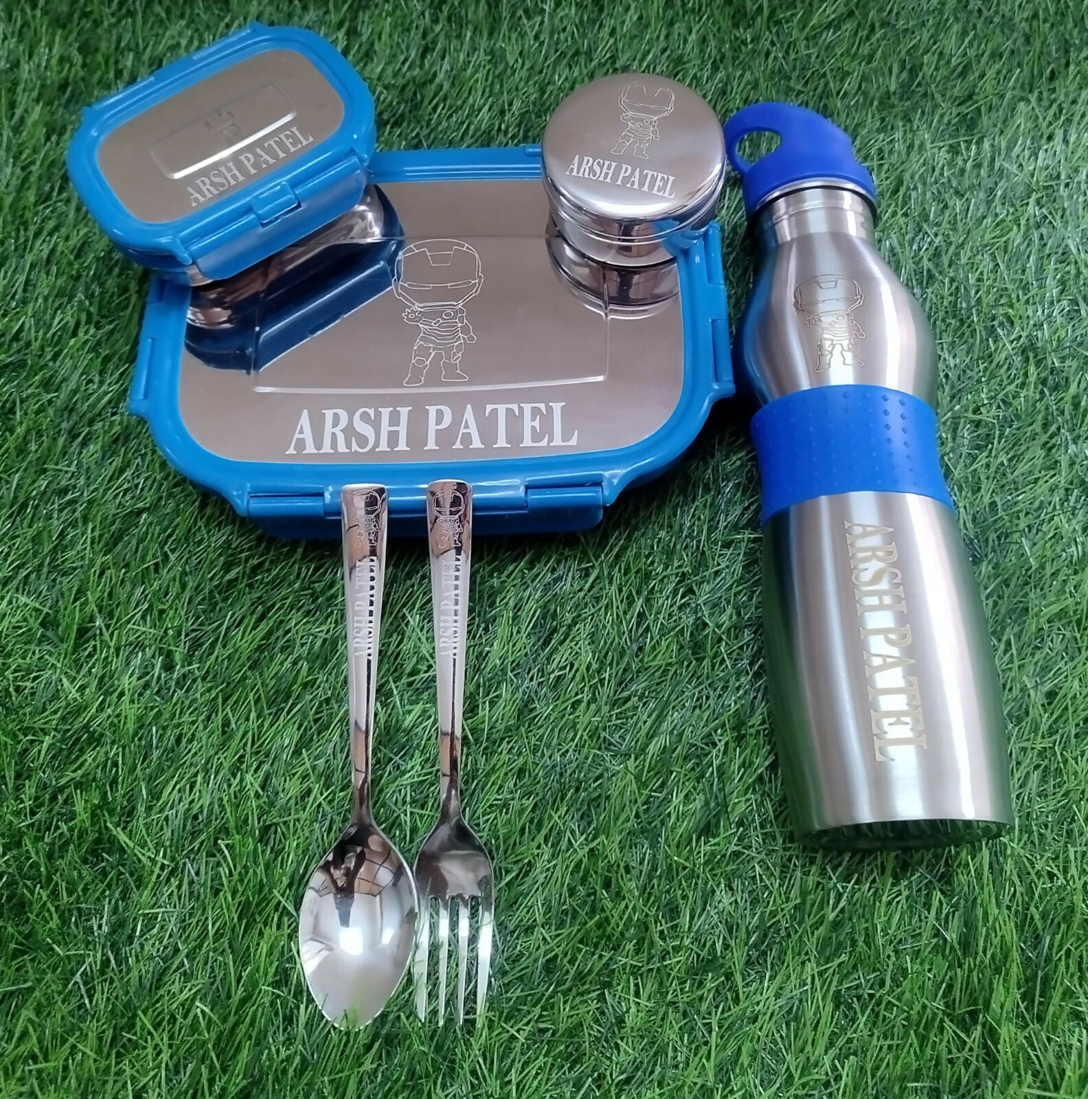 Buy Personalised Stainless Steel Tiffin Box, Bottle, Spoon, Fork Set – Durable, Custom Mealtime Kit for Kids

