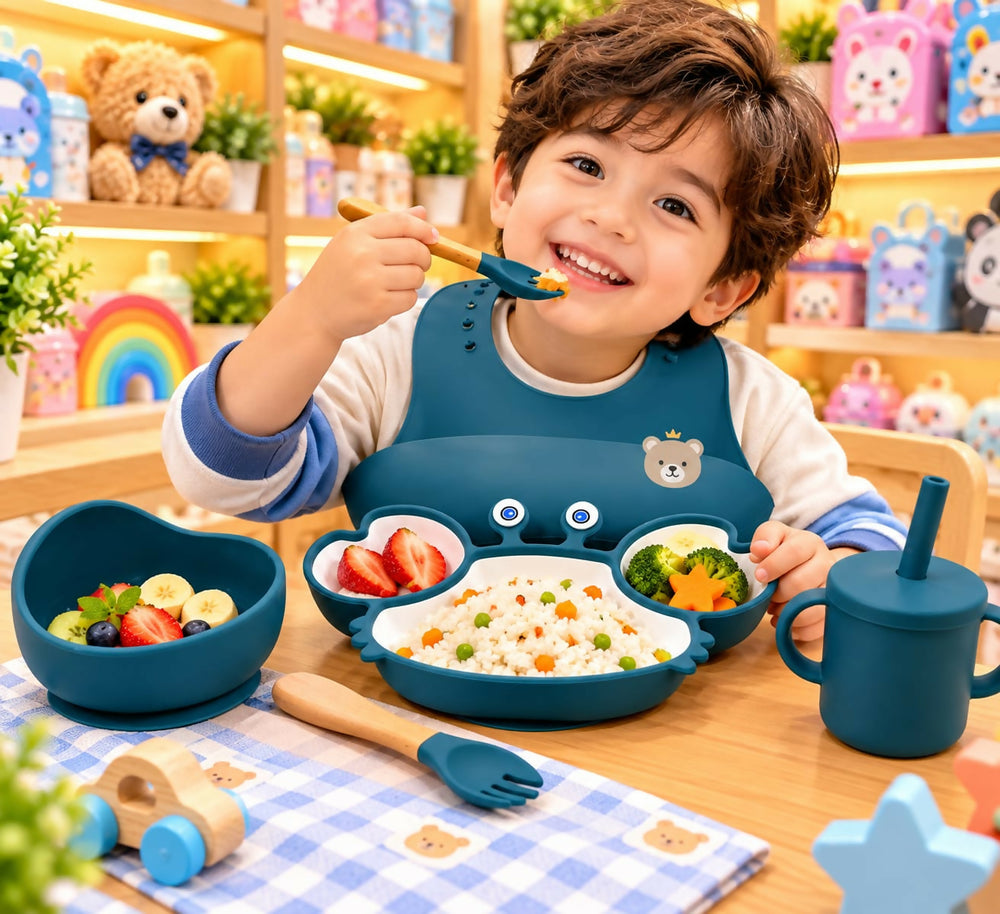 Silicone Dinner Set for Kids including a plate, bowl, spoon, fork and sipper, designed for convenient everyday meals, snacks and drinks at home or while travelling.