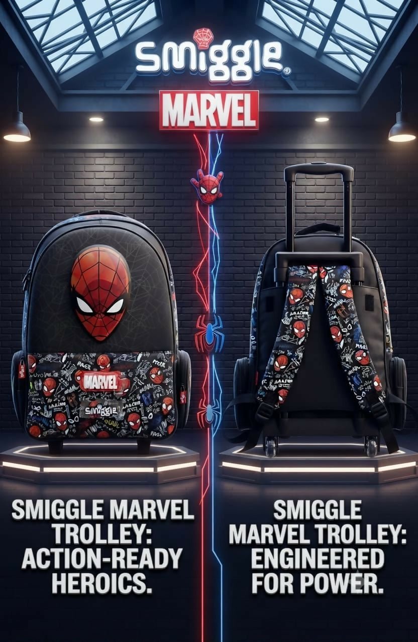 Original Smiggle 18-Inch Personalized Trolley Backpack with custom name personalization, spacious storage compartments, retractable trolley handle, smooth-rolling wheels, and adjustable shoulder straps for school and travel.