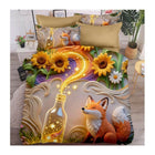 King size bedsheet with fox and sunflower design on a bed 
