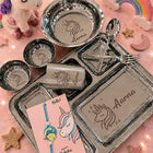 Personalized Stainless Steel Thali Set with custom name engraving, premium food-grade stainless steel, durable rust-resistant finish, and matching dining essentials for everyday meals and thoughtful gifting.