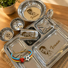 Personalized Stainless Steel Thali Set with custom name engraving, premium food-grade stainless steel, durable rust-resistant finish, and matching dining essentials for everyday meals and thoughtful gifting.