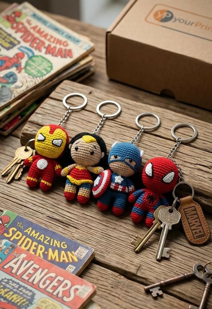 Handmade Superhero Crochet Keychains Collection featuring soft handcrafted crochet characters, detailed hand-stitched designs, lightweight construction, and durable key rings for keys, bags, gifting, and collectibles.