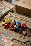 Handmade Superhero Crochet Keychains Collection featuring soft handcrafted crochet characters, detailed hand-stitched designs, lightweight construction, and durable key rings for keys, bags, gifting, and collectibles.