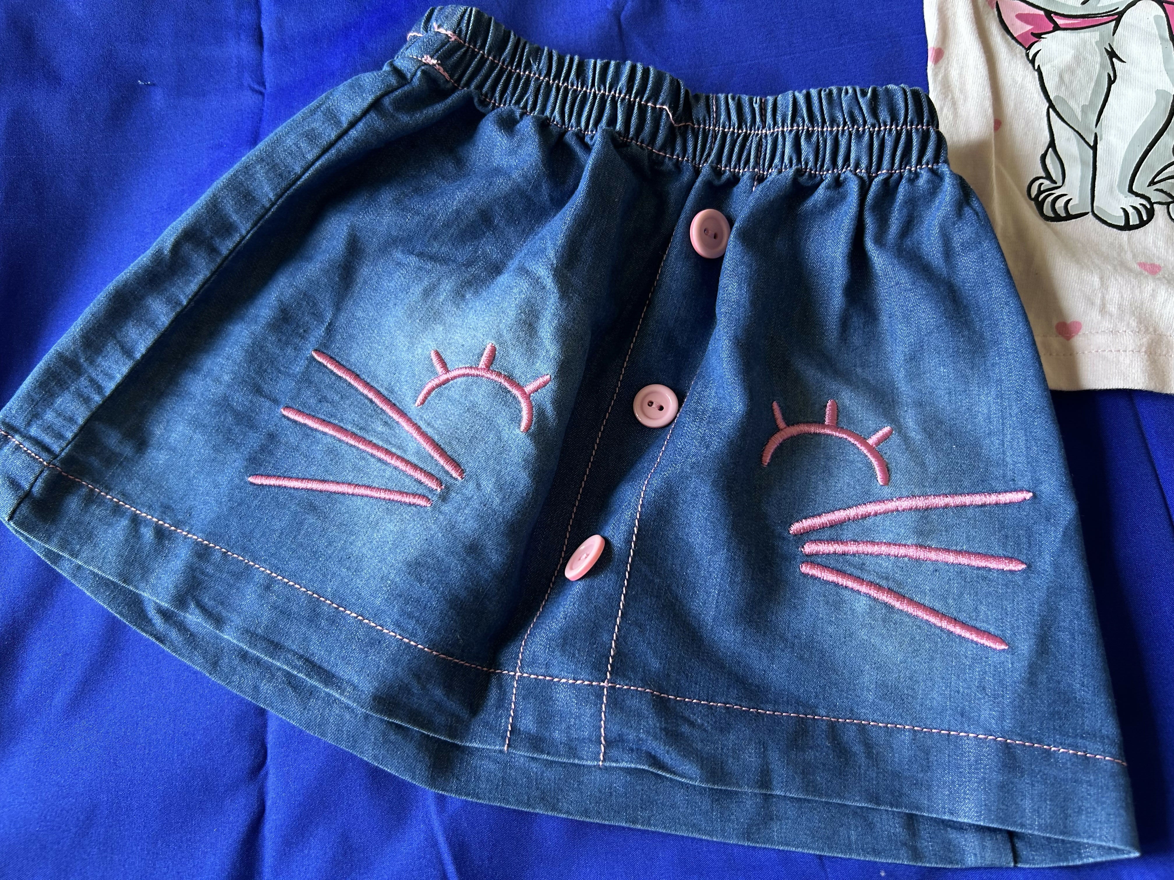Blue denim shorts with pink embroidered designs 