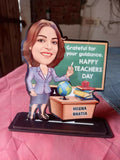 Personalized Teacher Caricature with Base Stand, crafted from 7-inch MDF with custom teacher name and photo-inspired design, perfect as a memorable Teacher’s Day, farewell, or appreciation gift.