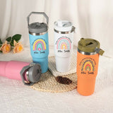 Personalized 900ml Teacher's Day Gift Tumbler in assorted random color, featuring custom name personalization, insulated design, secure lid, reusable straw, and convenient handle for everyday hydration.