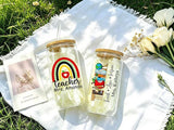 Teacher's Day Special Personalized Glass Tumbler with custom teacher name or message, reusable steel straw, secure lid, and stylish transparent design for everyday drinks and thoughtful teacher gifting.