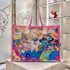 Holographic tote bag with a spacious interior, durable construction, comfortable carry handles, and a shimmering iridescent finish for shopping, travel, work, and everyday use.