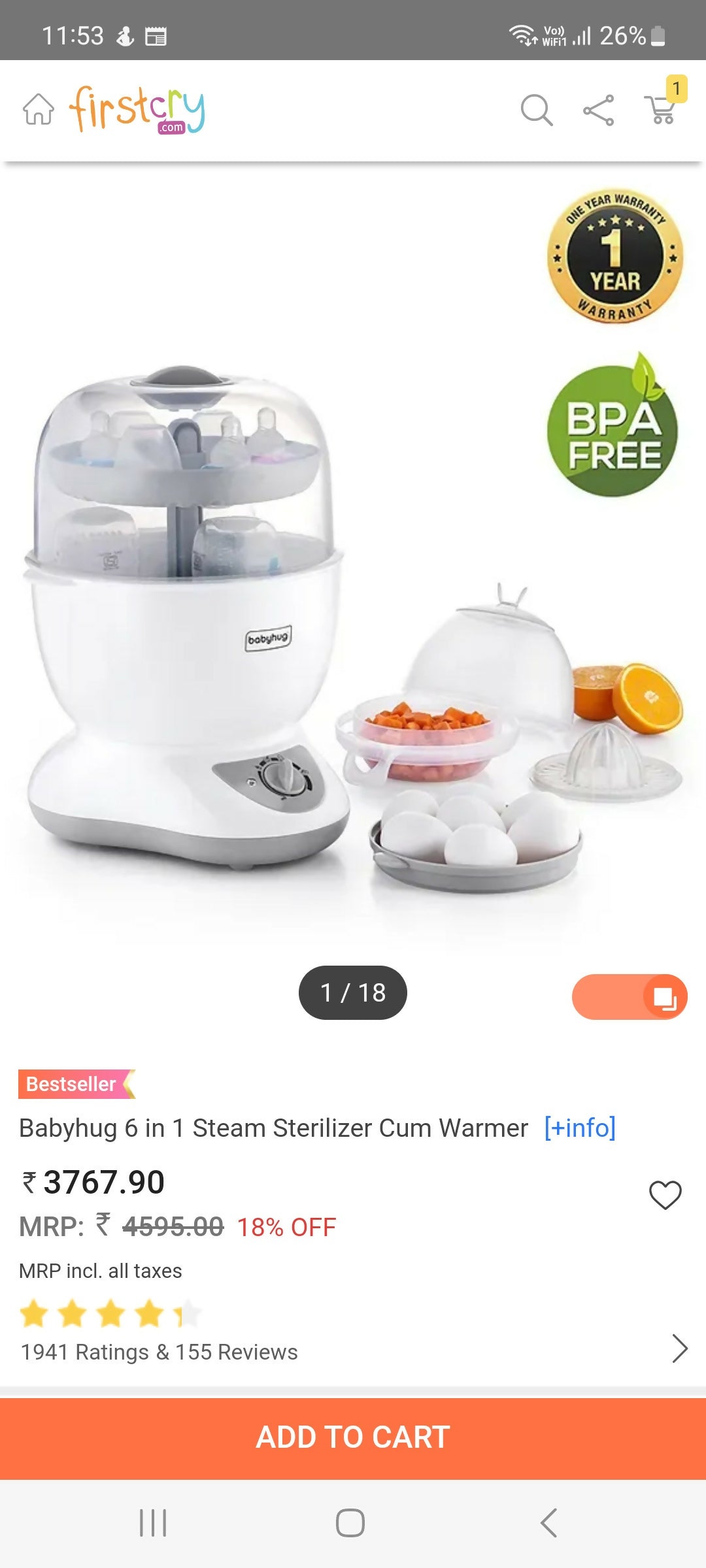 BABYHUG 6 in 1 Steriliser Steamer Cum Warmer - PyaraBaby