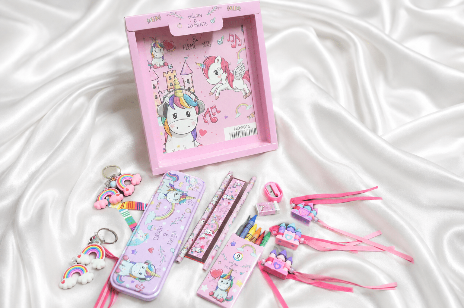 iLearnNGrow Unicorn Theme Stationery Rakhi Combo featuring a colorful unicorn pencil box set with a charming castle Rakhi, combining useful school stationery with festive Raksha Bandhan fun for kids.