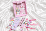 iLearnNGrow Unicorn Theme Stationery Rakhi Combo featuring a colorful unicorn pencil box set with a charming castle Rakhi, combining useful school stationery with festive Raksha Bandhan fun for kids.