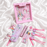 iLearnNGrow Unicorn Theme Stationery Rakhi Combo featuring a colorful unicorn pencil box set with a charming castle Rakhi, combining useful school stationery with festive Raksha Bandhan fun for kids.