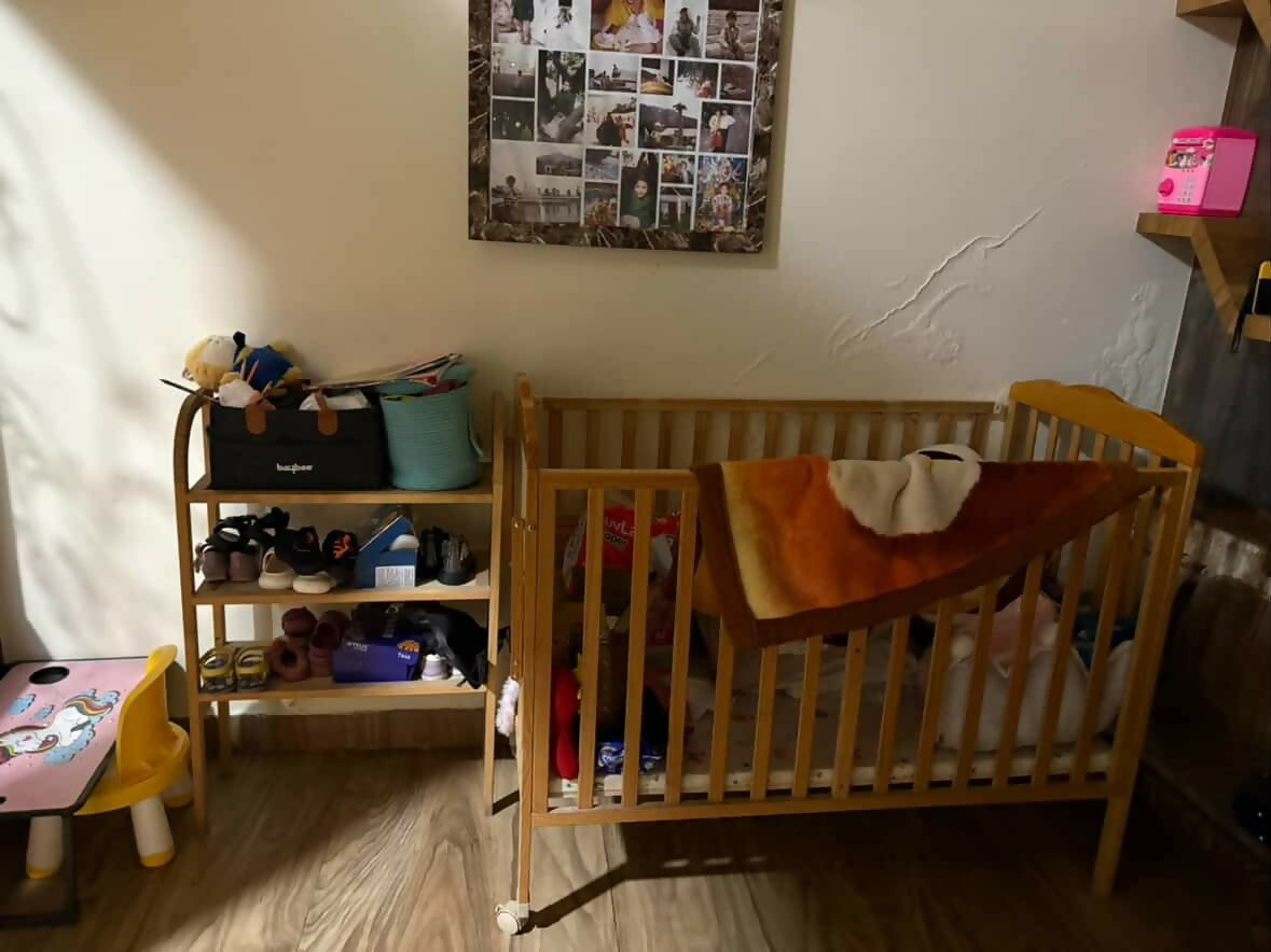 BABYHUG Lily Wooden Cot / Crib With Detachable Bassinet & Side Shelf – Light Brown / Natural