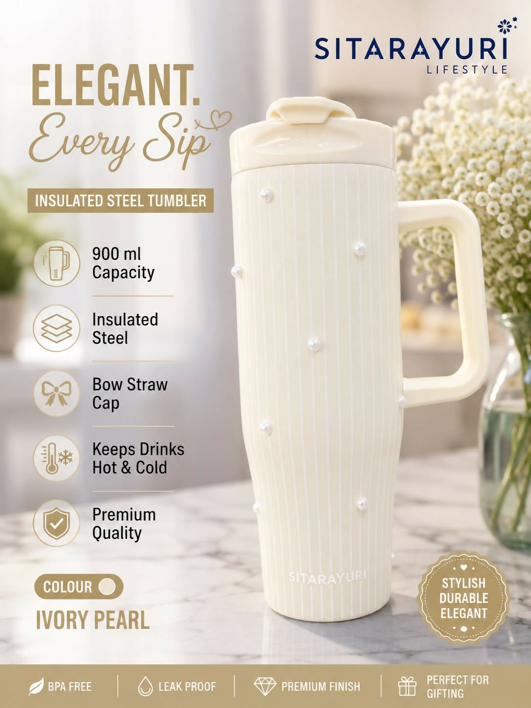 SITARAYURI Premium Insulated Tumbler (900 ml) with double-wall stainless steel insulation, spill-resistant lid, reusable straw, ergonomic handle, and large capacity to keep beverages hot or cold for hours.