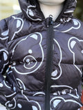 Black puffer jacket with white bear patterns 