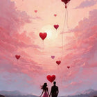 Heart-shaped balloons floating above a couple walking on a beach with a pink sky bedsheet.