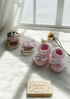 Crochet baby shoes, rattle and teether Set