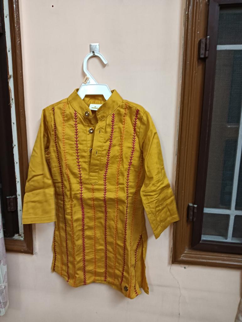 LES PETITS Yellow Kurta with Pyjama and Short Koti - PyaraBaby