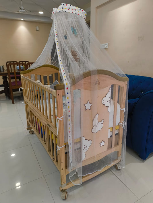 Discover the BabyTeddy® 9 in 1 Convertible Forest Theme Baby Crib – a versatile, high-quality wooden crib that transforms into nine configurations, complete with a mattress and mosquito net for ultimate comfort and protection.