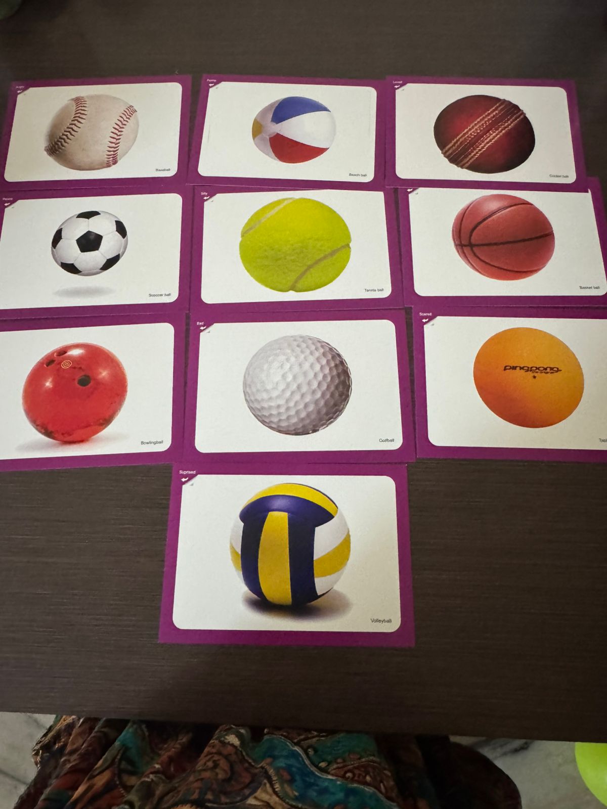 Set of educational cards showing various sports balls 