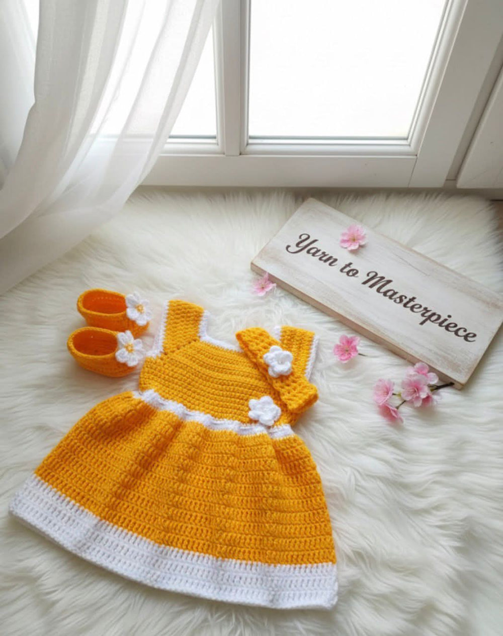 Baby Frock Set with Booties and Hairband, Hand Crocheted