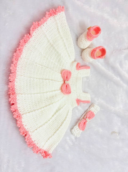 Crochet Handmade Baby Girl Shoes, Headband Frock Set