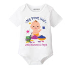 White baby onesie with colorful graphics and text 