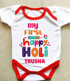 Baby onesie with colorful text 