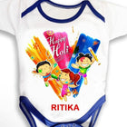 Baby onesie with 'Happy Holi' design and personalized name 