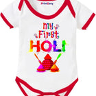 Baby onesie with 'My First Holi' text and colorful design 