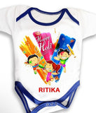 Baby onesie with 'Happy Holi' design and personalized name 