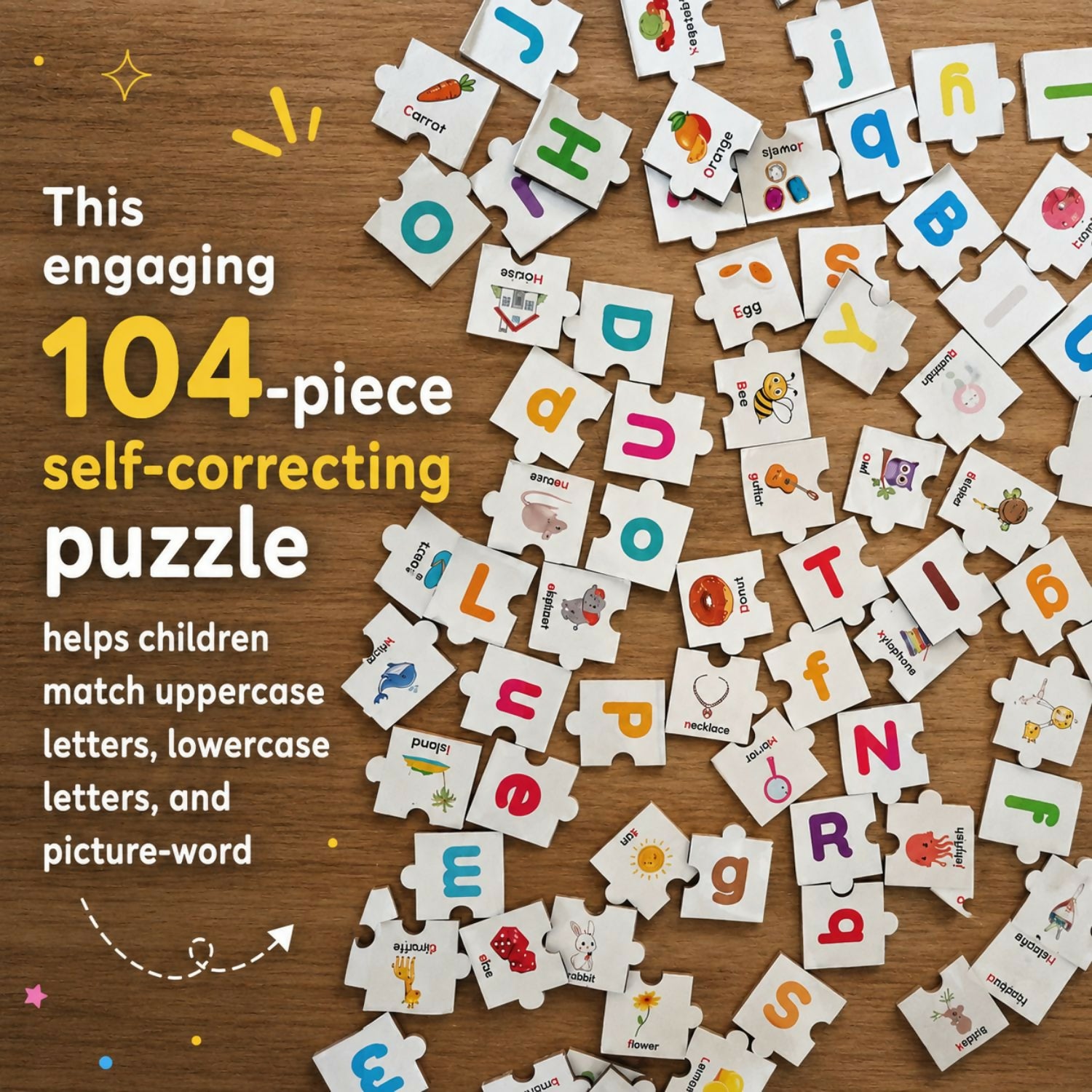 Wooden Alphabet Puzzle for kids featuring colourful letter pieces designed to encourage alphabet recognition, matching, fine motor skills, hand-eye coordination and early learning through interactive play.