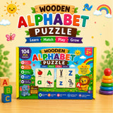 Wooden Alphabet Puzzle for kids featuring colourful letter pieces designed to encourage alphabet recognition, matching, fine motor skills, hand-eye coordination and early learning through interactive play.