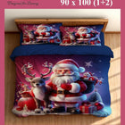 Christmas-themed bedsheet set with Santa Claus design on a bed.