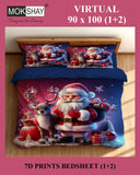 Christmas-themed bedsheet set with Santa Claus design on a bed.