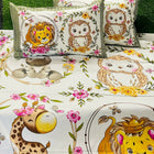 Cotton bedsheet with animal-themed design featuring lion, owl, and giraffe 